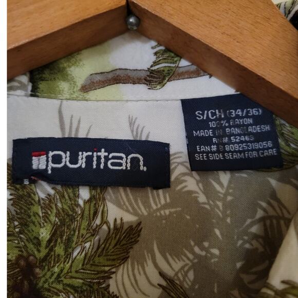 Puritan White & Green Palm Tree Button Up Tropical Shirt Vacation Summer - S - Picture 3 of 5